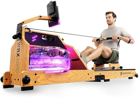 Sportstech - WRX1000 Agua Maquina de Remo, Premium Maquina de Remo para Casa, Plegable con Tecnología Pulse Depósito de Agua LED de 7 Zonas y Pantalla LCD