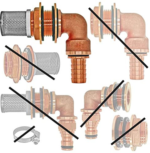 Tank Durchführung 1/2 Zoll aus Messing mit 90° Grad Winkel mit Loch Duchmesser 27 mm + Schlauchtülle Außen Durchmesser 13 mm + Edelstahl Filterkorb Regentonnendurchführung Wasser Schlauch Verbinder