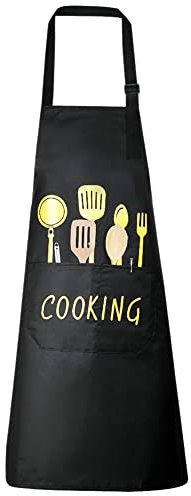 Vicloon Adjustable Bib Apron, Unisex Waterproof Aprons with 2 Pockets, Machine Washable Cooking Kitchen Apron, Chef Women Men Aprons for Home Kitchen, Restaurant, Coffee house (Black)