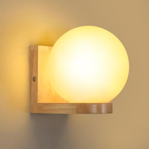 Tealight Aplique Pared Interior, Lampara Pared Madera E27, Aplique Pared Dormitorio, Pantalla de Cristal de 15CM para Salón, Escalera, Pasillo,Baño (Bombilla no incluida) wall light wood round