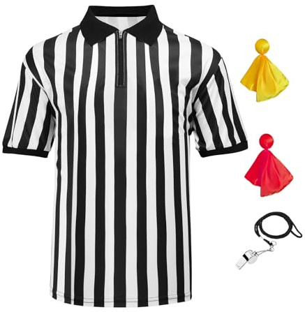 VKT 4 Pcs Men's Official Referee Costume Set Zipper Collar Referee Shirt Ref Stainless Whistle with Lanyard Red & Yellow Penalty Flag for Mardi Gras M