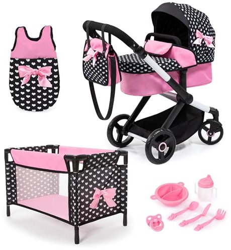 Bayer Design 17060AB Puppenwagen Xeo, Verstellbarer Griff, Schwenkschieber, wandelbar als Jogger, Schlafsack, Puppenbett, Zubehör, Schwarz, Rosa