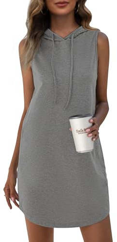 WNEEDU Abito Estivo Mini Abito Felpa da Donna Abito Senza Maniche con Coulisse e Cappuccio Grigio S