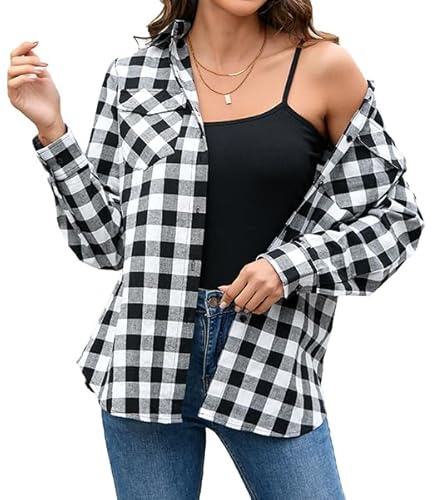 Stamain Chemise a Carreaux Noir Femme Chemise à Boutons à Manches Longue Country Top à Enrouler Décontracté Bureau Classique Fête avec Poches M