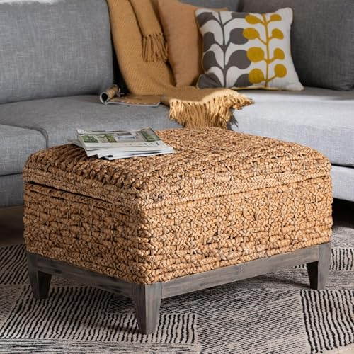 bali & pari Bailey Handwoven Water Hyacinth Storage Ottoman with Lift-Top Lid – Rustic Wicker Trunk or Footrest with Inner Compartment for Living Room or Entryway, Square