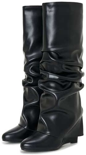 HYYH CFPL Women's Ruched Knee High Boots Fold Over Toe Tall Boot Wedge Heel Pointed Wide Calf Pull-on Shark Boots (Black 8)