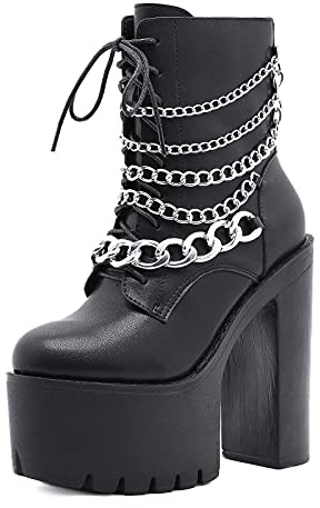 Stivaletti Punk Gotici da Donna Plateau Tacco Alto Lacci Stivali da Combat con Catena,Nero,35 EU