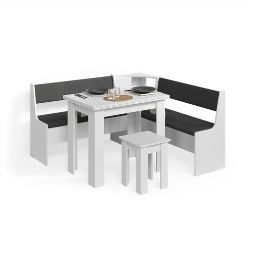 Livinity Gruppo panca ad angolo Tiberio, Bianco, 150 x 150 cm con tavolo