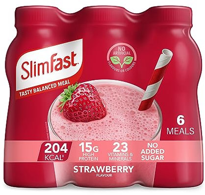 SlimFast Ready To Drink Shake, Meal Replacement Shakes for Weight Loss and Balanced Diet, High Protein, Vitamins, Minerals, No Added Sugar, Strawberry Flavour, 6 x 325 ml, Packaging May Vary