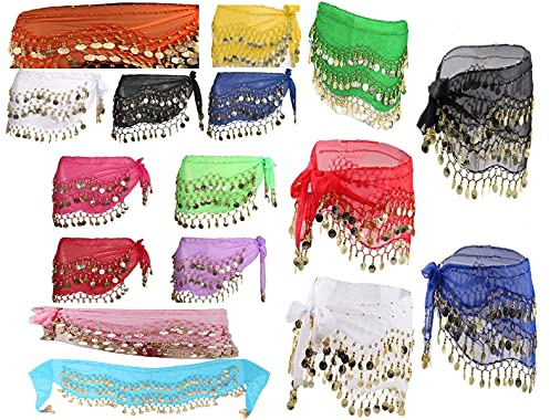 V-VAPE 3 Rows Belly Dance Costume Belt Skirt Hip wrap Outfit Gold Coin Bead Scarf