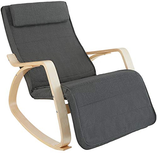 tectake® Silla Mecedora Ergonómica, Reposapiés Ajustable en 5 Posiciones, Cojín Mullido con Cierre, Almohadillas Antideslizantes, Estructura Robusta, Sillon Lectura, Muebles de Salon - Gris Oscuro