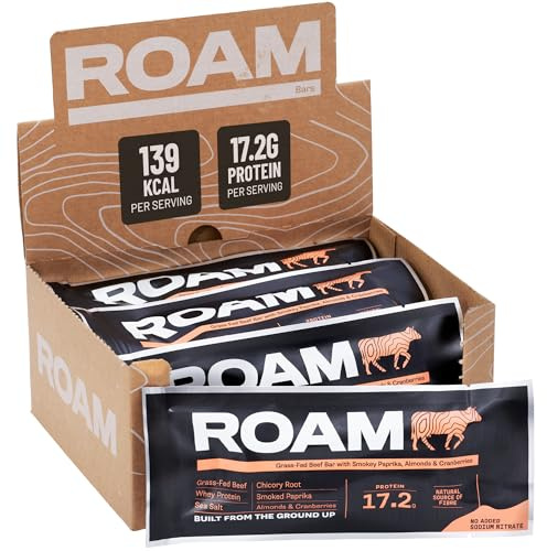 ROAM Natural Protein Bars, Meal Replacement Keto Bars, 12 x 45g Gluten Free Healthy Snacks, Low Calorie Snacks (Smoked Paprika, Almond & Cranberry)