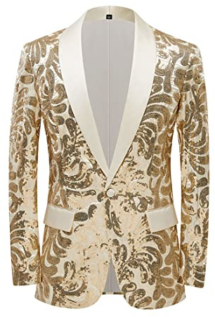 PYJTRL Herrblazer med elegant satinansikte och paljetter, blommönster, Champagne guld, M