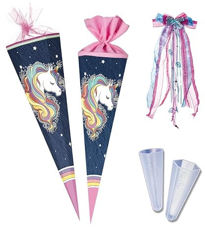 Nestler Schultüten-Set zum Befüllen, Handgemachte Zuckertüte aus Karton - Motiv: Regenbogen Einhorn, Spitzenschutz, Schleife (85 cm 6-eckig)