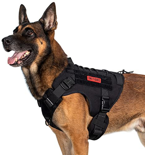 OneTigris Hundegeschirr, FIRE Watcher 2.0 Taktisches Geschirr 2 Metallschnallen MOLLE Sicherheitsgeschirr Service Hunde Hundeweste mit 1 Griffe und 2 No-Pull D-Ring 1000D Nylon - Schwarz XL