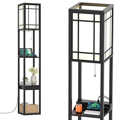 COSTWAY Lampada a Stelo con Ripiani e Cassetto, Lampada a Piantana Moderna con 2 Porte USB, Lampada da Terra per Salone e Camera da Letto, 26 x 26 x 160,5 cm (Modello 1)