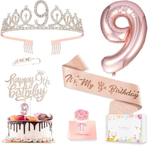 9th Birthday Decorations for Girls, Including 9 year old Birthday Cake Topper, Queen Sash with Pearl Pin, Sweet Rhinestone Tiara Crown, Number Candles and Balloons Set, Rose Gold