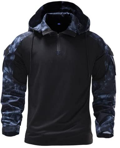 Veste de Combat Militaire - Sweat à Capuche Tactique pour Homme - Motif Camouflage - Haut à Manches Longues - Décontracté, B-Noir, XXL