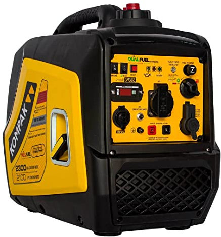 KOMPAK Generador Inverter KGG20Ei-DF Dual Fuel – Gasolina o Gas LPG – Potencia 2,3kW Máx / 2,1kW Nominal – Bajo Ruido 59dBA – Depósito 5,2L – Portátil 230V