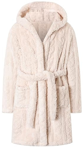 Women Bathrobe, Cute Comfy Soft Fleece Hooded Bath Robe With Belt Pockets, Twist Off-White, M