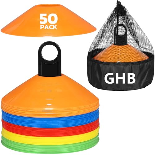 GHB Soccer Cones 25/50/100 Pack Disc Soccer Sport Cones Training Field Marker Agility Cones for Traffic, Basketball, Coaching, Practice Equipment Includes Cone Drills Guide (50Pcs Multicolor)