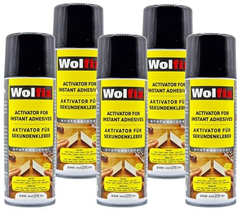 Wolfix Aktivator Spray Aushärtungsbeschleuinger 5 Stück 200ml für Sekundenkleber - Aerosol Sprühdose Stark für Schnelles Aushärten von Alleskleber, Keramikkleber und Holzkleber - für Sofortige Haftung