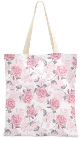 Wiederverwendbare Einkaufstasche mit rosa Rosen und Blumenmuster für Damen, lässige Einkaufstasche mit Tasche für Einkaufen, Picknick, Einkaufen, Rosa Rosen, 15 x 16.3