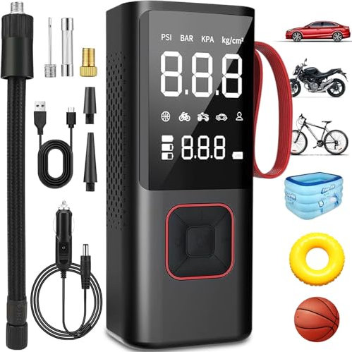 Akku Luftpumpe 7500mAh - Tragbarer Elektrische Kompressor mit Digitale LCD-Bildschirm und Notbeleuchtung für Auto, Motorrad, Fahrrad, Bälle und Schwimmringe