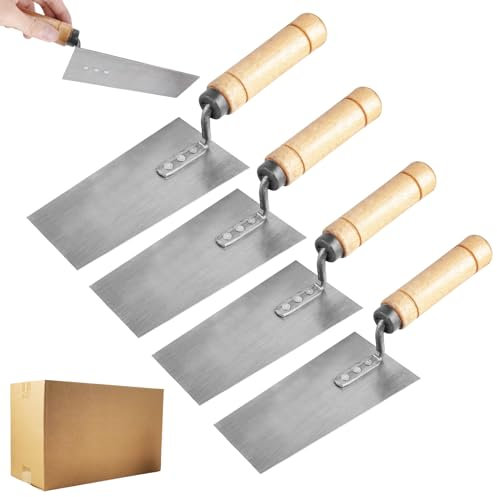 LEKEFETO Juego de 4 paletas de albañil con mango de madera, masilla de yeso trapezoidal, espátula de acero inoxidable, paletas de yeso, herramientas de albañilería (5 x 6 cm/5,5 x 7,5 cm/6 x 8 cm/8 x