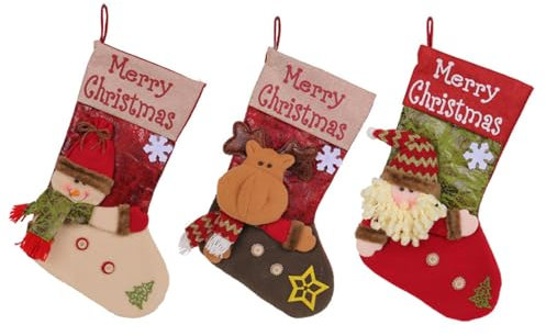 3 Stück Weihnachtsstrumpf Groß Nikolausstiefel 47 cm Nikolausstrumpf Weihnachten DIY Nikolaussocke 3D Weihnachtsmann, Rentier, Schneemann Weihnachtsdekoration für Kamin, Weihnachtsbaum, Wand, Treppe