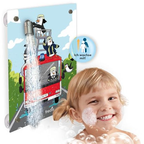 fredis Kinder-Dusche Motiv 'Feuerwehr' | Spielerische Wasserabenteuer für Kinder, Montage ohne Bohren, Motiv-Platte mit Duschkopf, Schlauch & 2 Strahlarten | Fördert Selbstständigkeit und Spaß