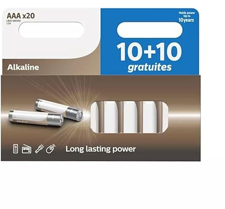 Pila alcalina AAA/LR03, Paquete de 20 Unidades. 30% más Durabilidad, Ideal para Dispositivos cotidianos de Alto Consumo.