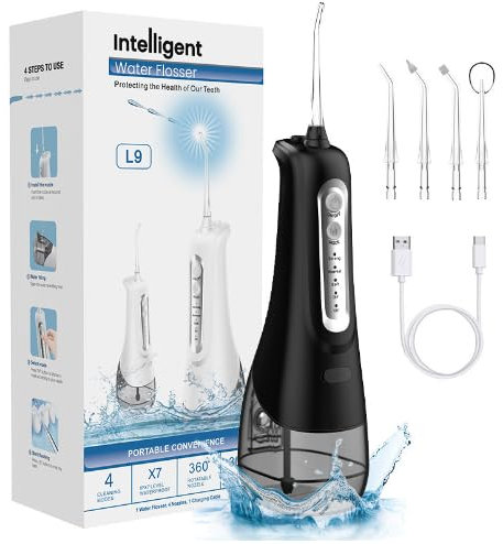 Hydropulseur dentaire électrique sans fil, 4 modes, 9 buses, rechargeable par USB-C, IPX7, réservoir d'eau de 300 ml, nettoyeur de bouche, hydropulseur pour le nettoyage en voyage