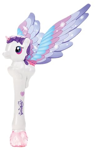 ODS - Soffiabolle Spara Bolle Unicorno con Ali e Luci LED, 100 ml di Soluzione Inclusa (2 Bottigliette da 50 ml), Funzionante a Batterie
