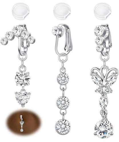 AVYRING 3 anelli per ombelico finti, clip on, regolabile, senza piercing per donna, farfalla, design a cuore con CZ, in acciaio inox argento/oro, Acciaio inossidabile