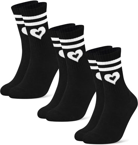 Niofind Chaussettes de Tennis Femme, 3 Paires Chaussettes Coton Sport avec Motif Cœur, Chaussette Noël, Anti Ampoule Chaussette de Course Confortables, Cadeau Femme en Blanc et Noir