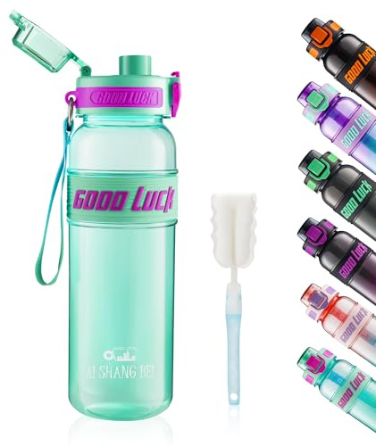 YC Kitchen Botella Agua Motivacional, Botella de Agua de 1Litro para beber, fugas a prueba de fugas y no BPA, Botella Agua Niños Deportiva con correa de paja y transporte