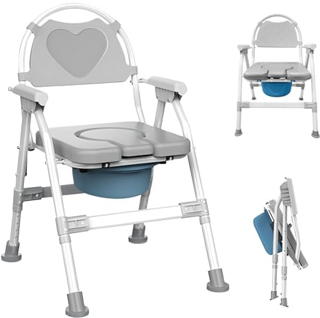 Chaise percée pliable légère pour personnes âgées et handicapées - Chaise de douche réglable en hauteur avec siège rembourré, facile à retirer du pot, cadre de siège de toilette portable gris