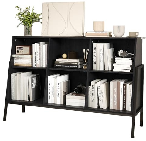 YOSHOOT Bookcase, Wooden Standing Open Bookshelf with Metal Legs, Cube Storage Shelf with 2 Levels, Display Cabinet with 6 Open Compartments for Living Room, Study, 117x36.5x78.5 CM(Black)