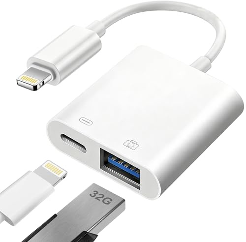 Adaptador de iPhone a USB OTG[Apple MFi Certified], Adaptador Lightning a USB para cámara con Puerto de Carga, Convertidor OTG for iPad, Unidades Flash, lectores de Tarjetas, Ratones, teclados, Midi