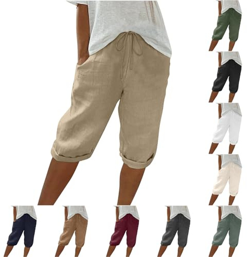 Ladies Shorts Size 16,Shorts for Women UK Summer Ladies Linen Cotton Loose Drawstring Comfy Lounge Cropped Trousers with Pockets Knee Length Beach Short 2026 Fashion Casual Khaki