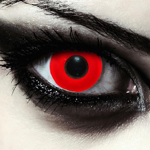 DESIGNLENSES, Lenti a contatto colorate rosse per costume di Halloween da zombie, senza gradazione, 1 paio (2 pezzi), lentes colore completamente rosso + custodia per lenti Blood Eye