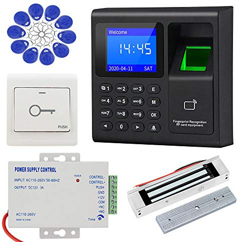 KDL Complete RFID Access Control System Fingerprint Access Controller Keypad, DC12V Power Supply Transformer, 180kg/350lbs Electric Magnetic Lock with Door Switch Button, 125KHz ID Cards Keychains