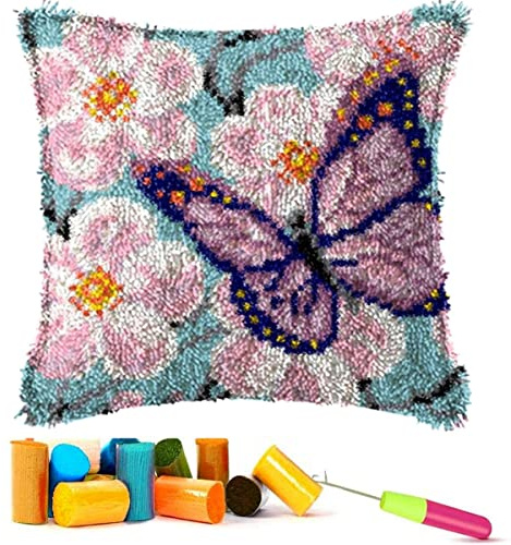 EMISTEM Latch Hook Kits for Adults - Latch Hook Pillow Kits, Crochet Yarn Kit for Beginners, DIY Needlework Crafts Cover Case with Printed Canvas,(Butterfly in Flowers,17x17 inch)