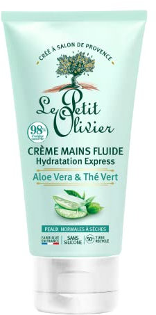 LE PETIT OLIVIER - Crème Mains Fluide Hydratation Express - Aloe Vera & Thé Vert - Hydrate & Rafraîchit - Peaux Normales À Sèches - 98% D'Origine Naturelle - Sans Silicone - Fabriqué en France - 75 ml