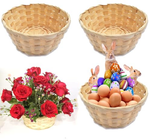 4 Stück Rund Ostereier-Korb, Geflochtene Osterkörbchen, Korb Set Ovale Bambuskörbchen, Gelten Leere Deko Füllkörbe zum Beschenken(Gelb Braun)