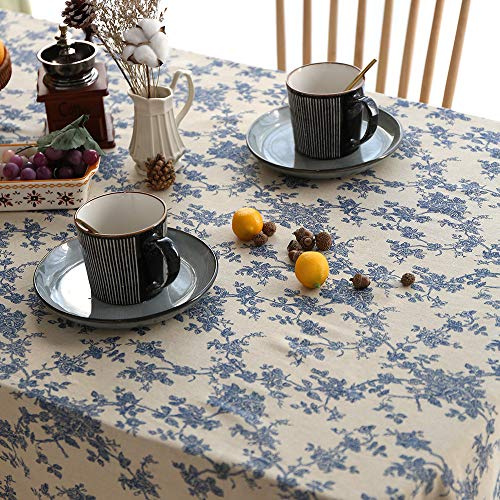 ARTABLE Vintage Tablecloth Rectangle Waterproof Oil Proof Farmhouse Style Table Cover for Kitchen Home Wedding Outdoor Indoor Picnic Decor (Blue Flower, 52 x 70 Inch)