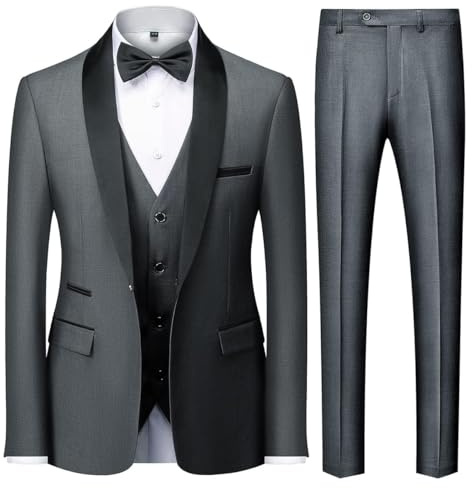 KUDMOL Men's 3-Piece Suit Slim Fit One Button Shawl Lapel Tuxedo Set Grey