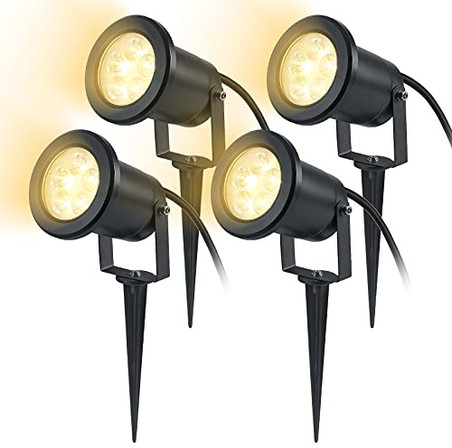 TRMLBE Faretto da giardino LED 3W con picchetto da terra illuminazione da giardino luci da percorso esterno bianco caldo 3000K IP65 impermeabile per giardino prato stagno senza spina, 4 pezzi
