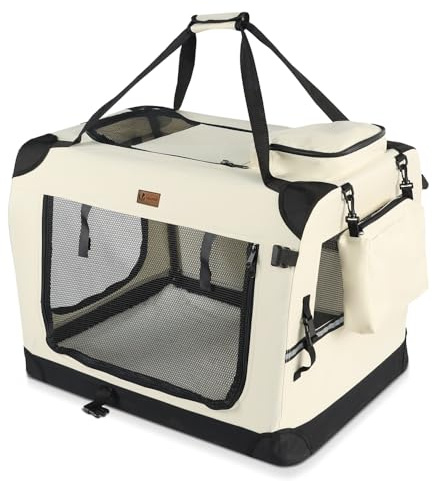 VOUNOT® Transportín Perro Gato L 70x52x52cm, Bolsa Transporte Transpirable Mascotas con Bolsillos Alfombrilla Extraíble Tira Reflectante, Caja Plegable Transportadora Portador de Viaje Mascotas, Beige